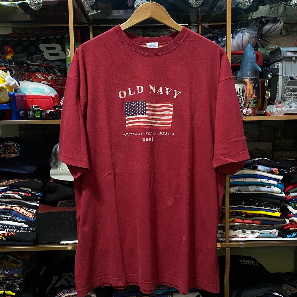 Vintage 2001 Old Navy American Flag Shirt Maroon Red Y2K Graphic Tee XXL